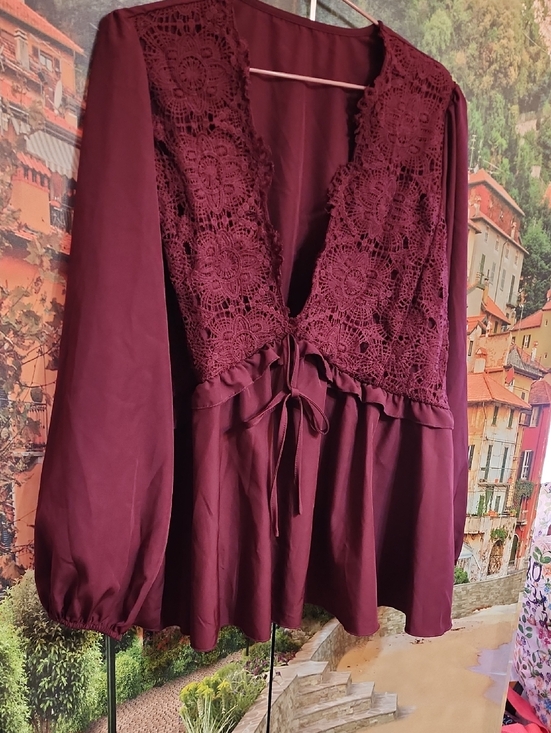 No Name Tops - Women's Lace-Detail Peasant BO-Ho  Blouse - Burgundy